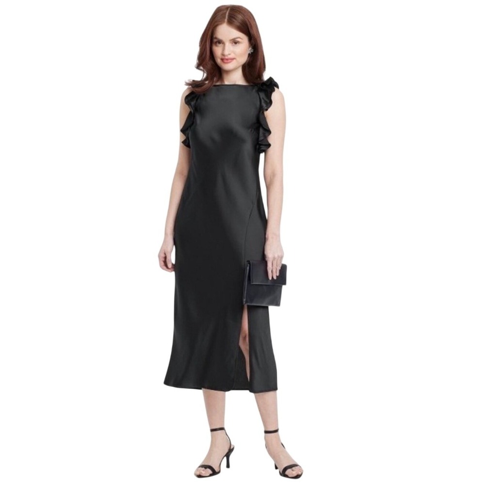 A New Day‎ Black Sleeveless Ruffle Neck Midi Dress Women's Size M